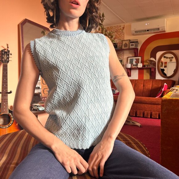 1960s MOD vintage baby blue textured mockneck sleeveless blouse tunic - Made in - Picture 4 of 15